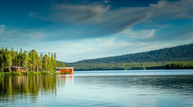 Maisons de bois rouges entre lac et forêt